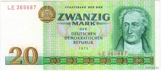 ГДР. Германия, 20 марок 1975 год. серия LE 369887 UNC.
