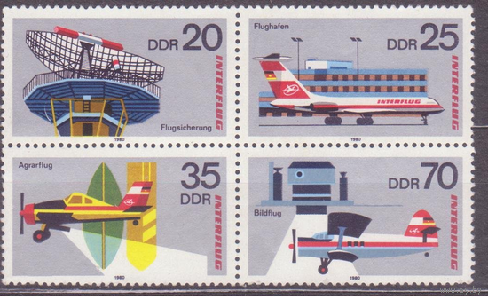 ГДР 1980 год Интерфлюг - авиапредприятие ГДР Авиация М: 2516-2519 квартблок Самолеты **\\01