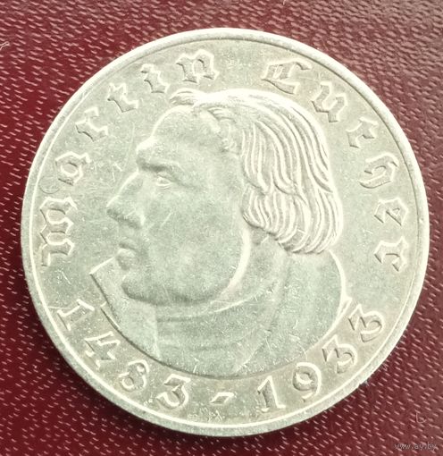Германия 2 марки 1933А( Берлин). Мартин Лютер. Тираж 5452000