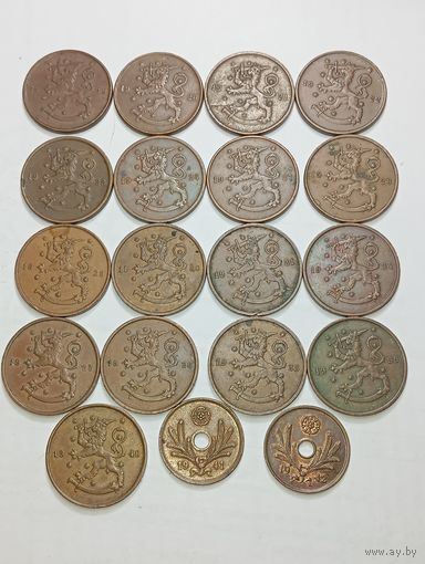 Финляндия 10 пенни 1919,1920,1921,1922,1823,1924,1927,1928,1929,1930,1931,1934,1935,1936, 1938,1939,1940,1941,1942 года .