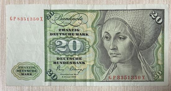 Банкнота 20 марок. 1980 год, ФРГ. Эльсбет Тухер. Скрипка, кларнет.