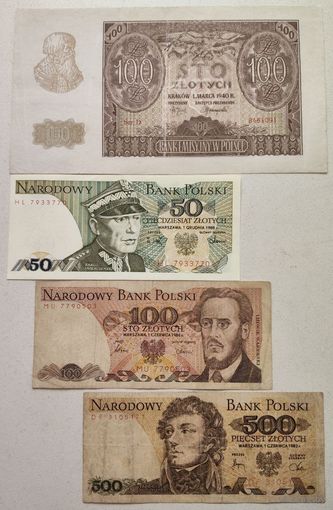 100 злотых 1940г + 50 злотых 1988г UNC + 100 злотых 1986г + 500 злотых 1982г (распродажа коллекции).