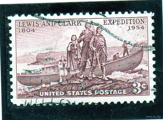 США.Ми-679. Меривезер Льюис, Уильям Кларк, и Сакагава- высадка. Серия: 150 лет Экспедиции Льюиса и Кларка.1954.