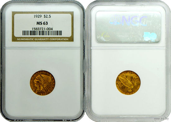 2,5 доллара 1929 г. Голова индейца. США. NGC MS 63!! Золото. КМ# 128