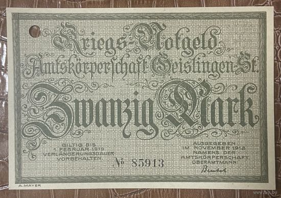 Банкнота 20 марок 1918 год. Гайслинген. Веймарская республика.