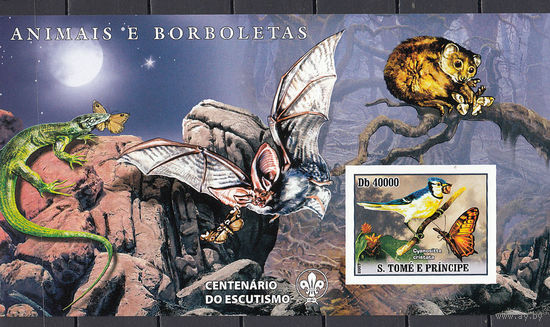 Фауна. Бабочки и птицы. Сан-Томе и Принсипе. 2007. 1 блок б/з. Michel N бл593 (11.0 е)