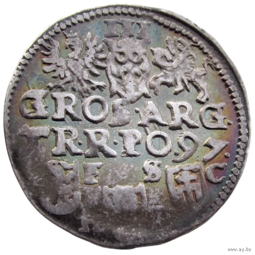 Речь Посполитая: Литва и Польша, трояк (м.д. Познань)/ 3 Grossus (Posen) 1597 г., состояние XF, Жигимонт III