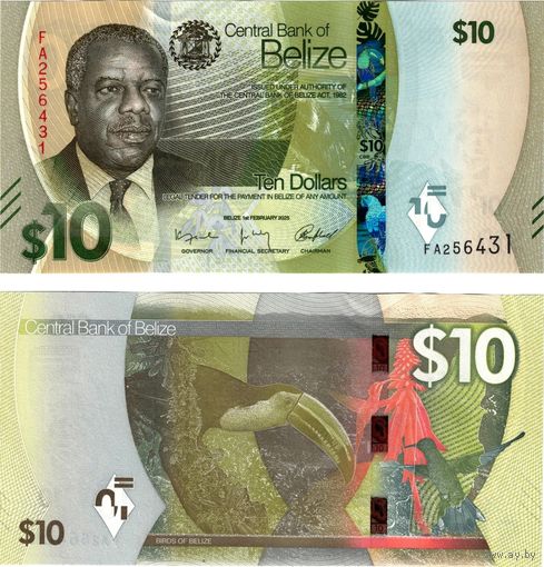 Белиз 10 долларов образца 2025 года UNC pw75