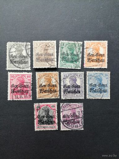 Польша 1916 Неполная серия марок "DEUTSCHEN REICHES" периода немецкой оккупации Польши с надпечаткой "Deutschen post in Warschau" (гашение, есть наклейки) Mi.6-13,15-16 каталог 22.00 евро