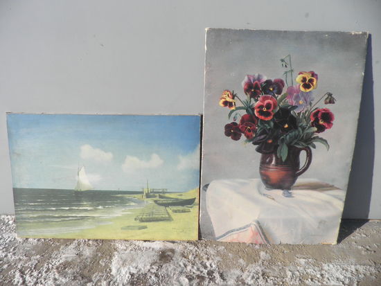 Картина пейзаж и натюрморт,репродукции на ткани и картоне 70-е г.С рубля.