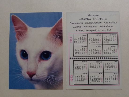 Карманный календарик. Котик.1992 год